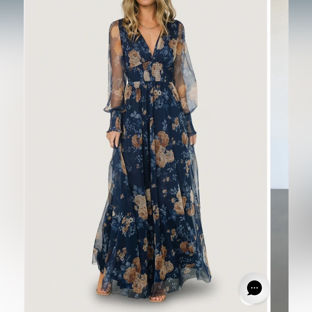 Baltic Born Layla Tulle Maxi Dress Blue + Golden Floral 2XL Long Sleeve New